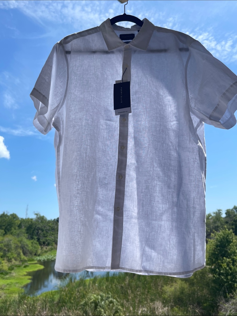 Perry Ellis Men's White Short-Sleeve Button-Down Linen Shirt Size: L/G/G